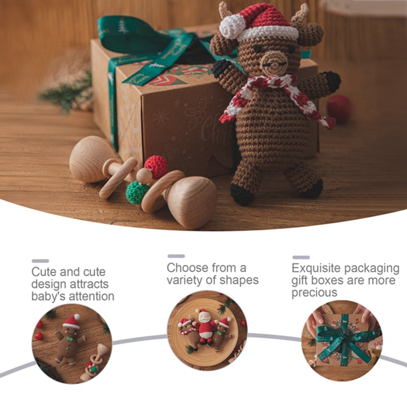 Baby Christmas Crochet Wood Rattle Toys Gift Set